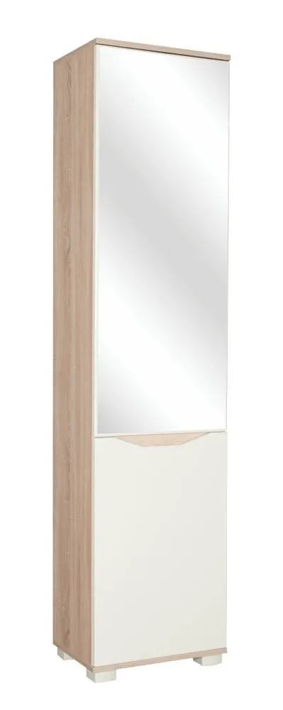 Platzsparender Drehtürenschrank Baeza 07 in Eiche Braun / Creme, 209 x 50 x 37 cm, 1 Spiegeltür, 7 Einlegeböden, nivellierbare Füße