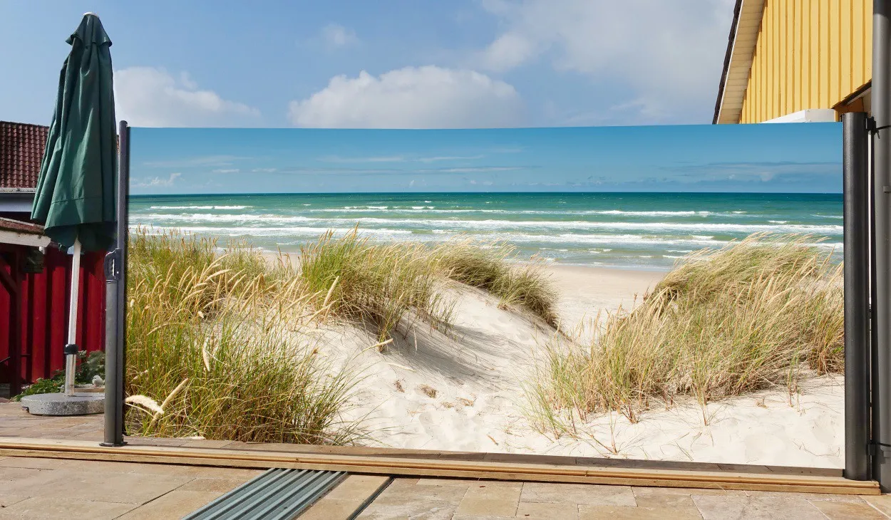 Seitenmarkise mit Fotodruck Ostsee 1,6x3m, rechts - Auszug links