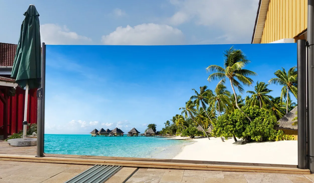 Seitenmarkise mit Fotodruck Südsee 1,6x3m, rechts - Auszug links