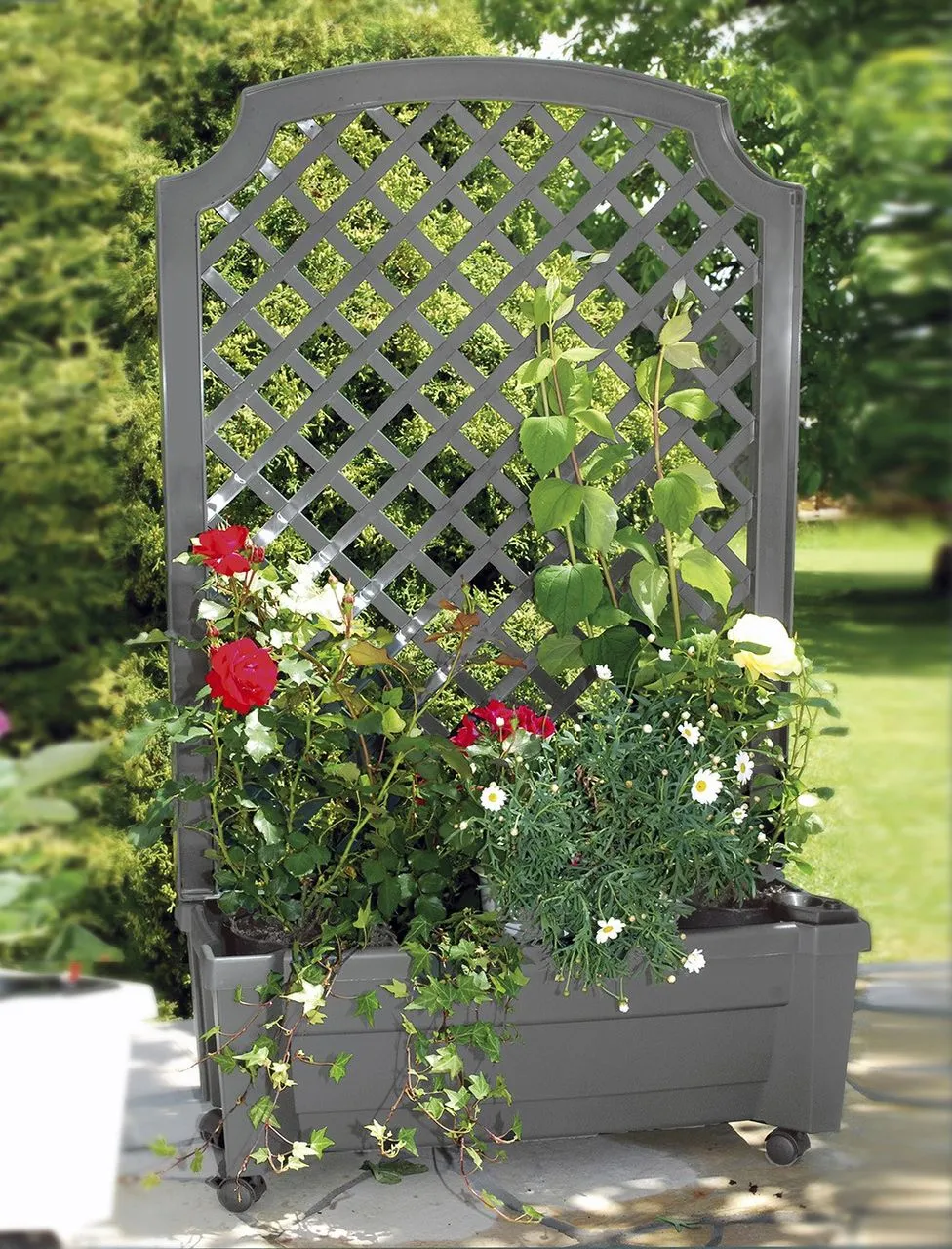 KHW Calypso Pflanzkasten auf Rollen mit Bewässerungssystem + Spalier, grau