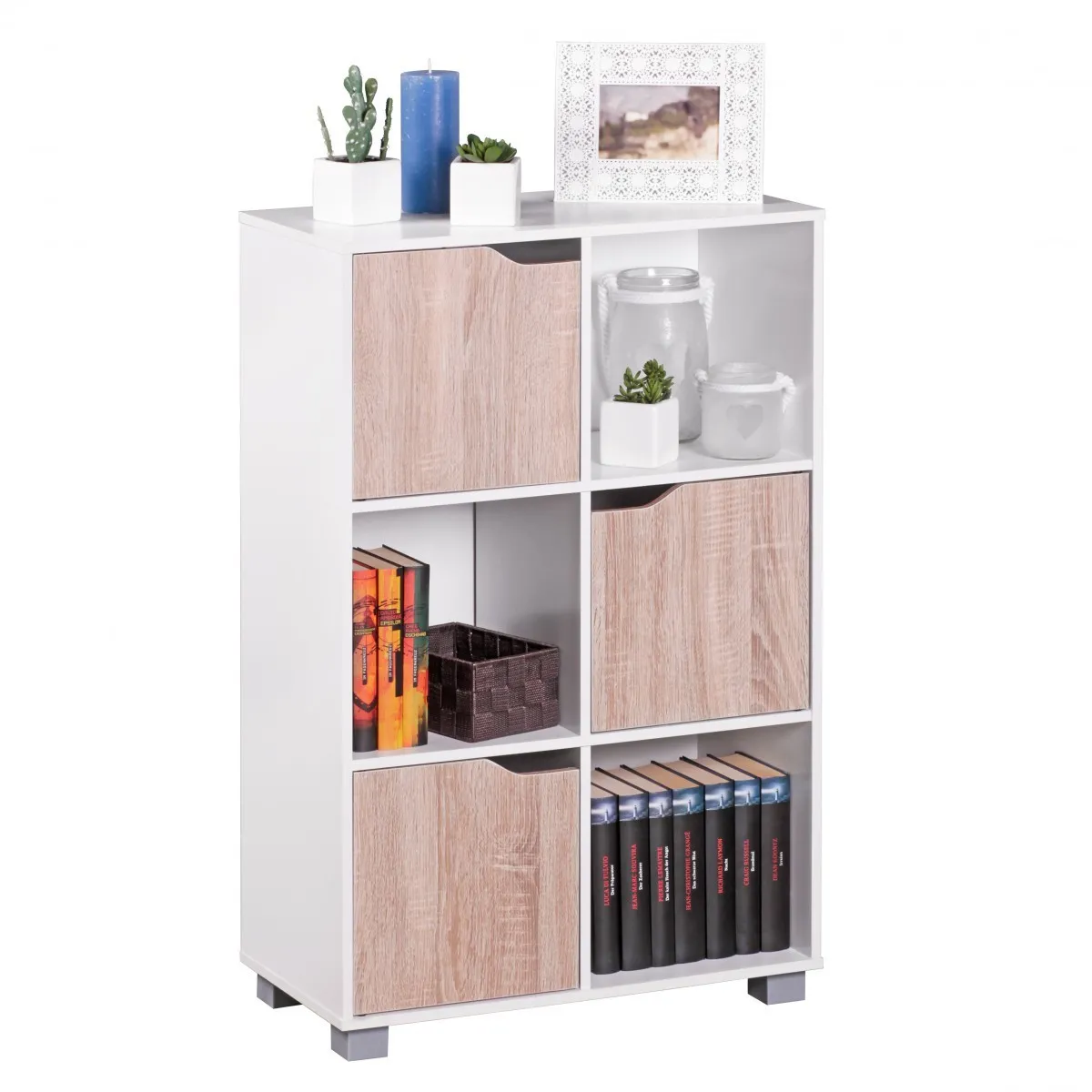 Design Bücherregal Modern Holz Weiß mit Türen Sonoma Eiche Standregal freistehend 6 Fächer 60 x 90 x 30 cm