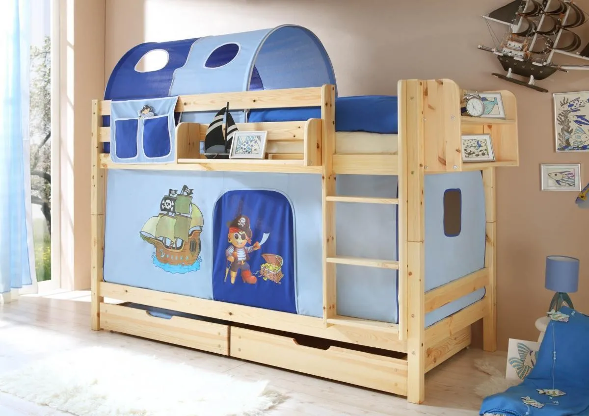 Etagenbett "Marcel" Kiefer Natur "Pirat hellblau-dunkelblau"