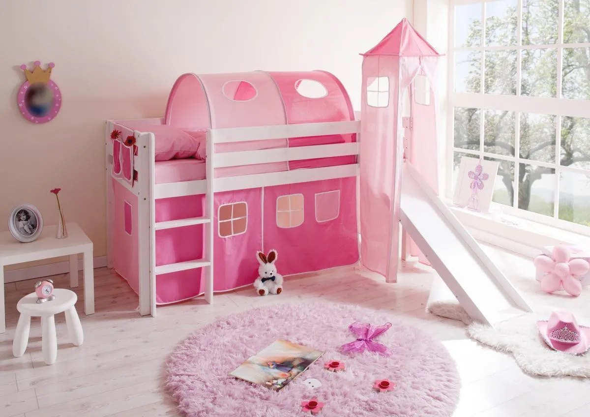 Rutschbett mit Turm "Kasper" Kiefer weiß "rosa-pink"