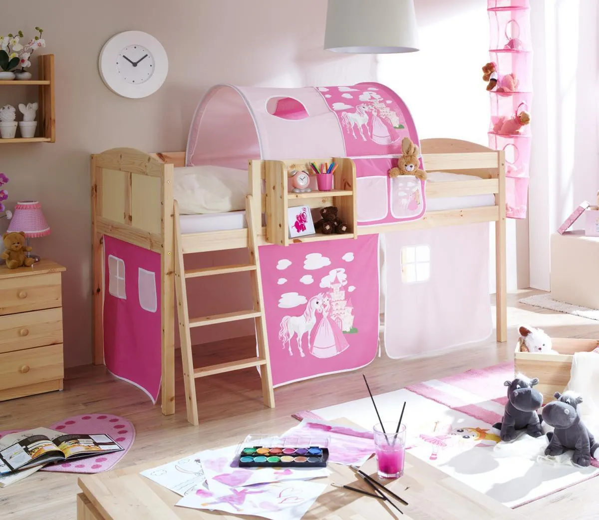 Hochbett "Eric" Country Kiefer Natur "Horse (pink)"