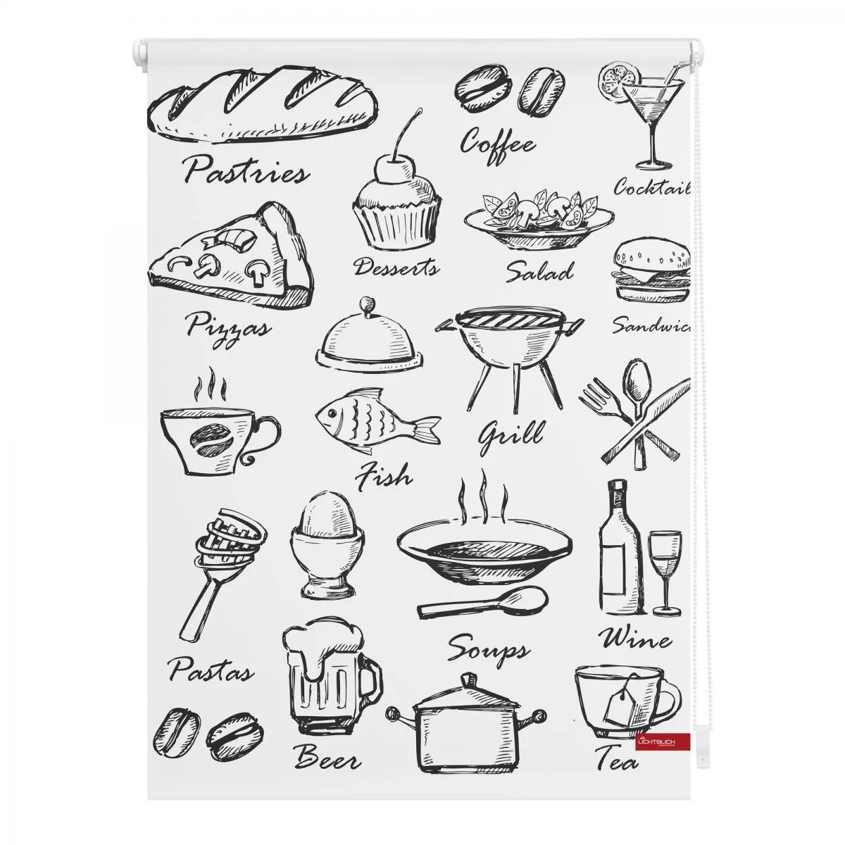 Rollo Klemmfix, ohne Bohren, blickdicht, Menü - Schwarz Weiß, 120 cm x 150 cm (B x L)