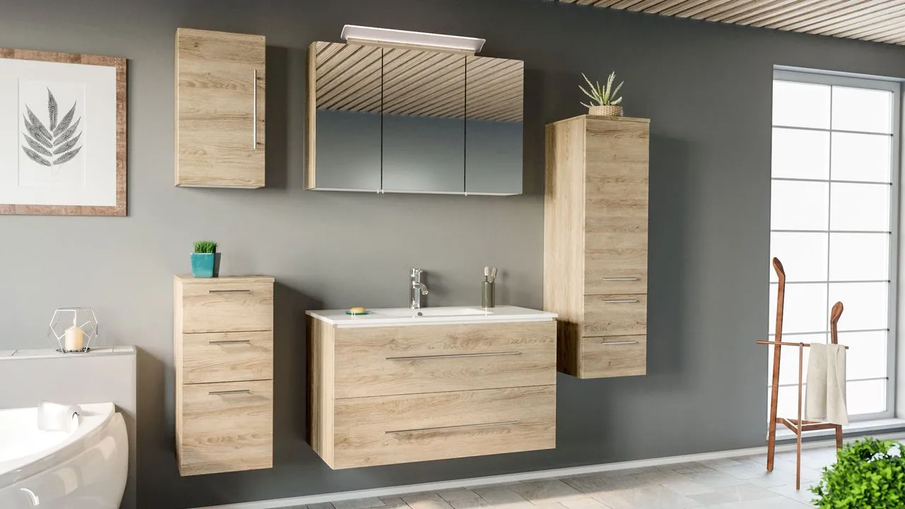 Badmöbel-Set HOMELINE 100 cm (5-teilig) eiche hell EEK: F seidenglanz EEK: F