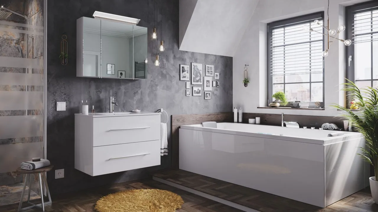 Badmöbel-Set Homeline 80 (2-teilig) weiß hochglanz inkl. Spiegelschrank mit Design LED-Lampe EEK: F