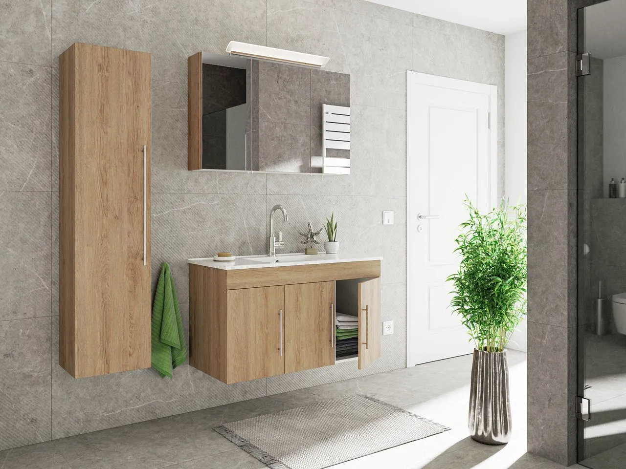 Badmöbel-Set Teramo 100 cm (3-teilig) eiche hell seidenglanz EEK: F