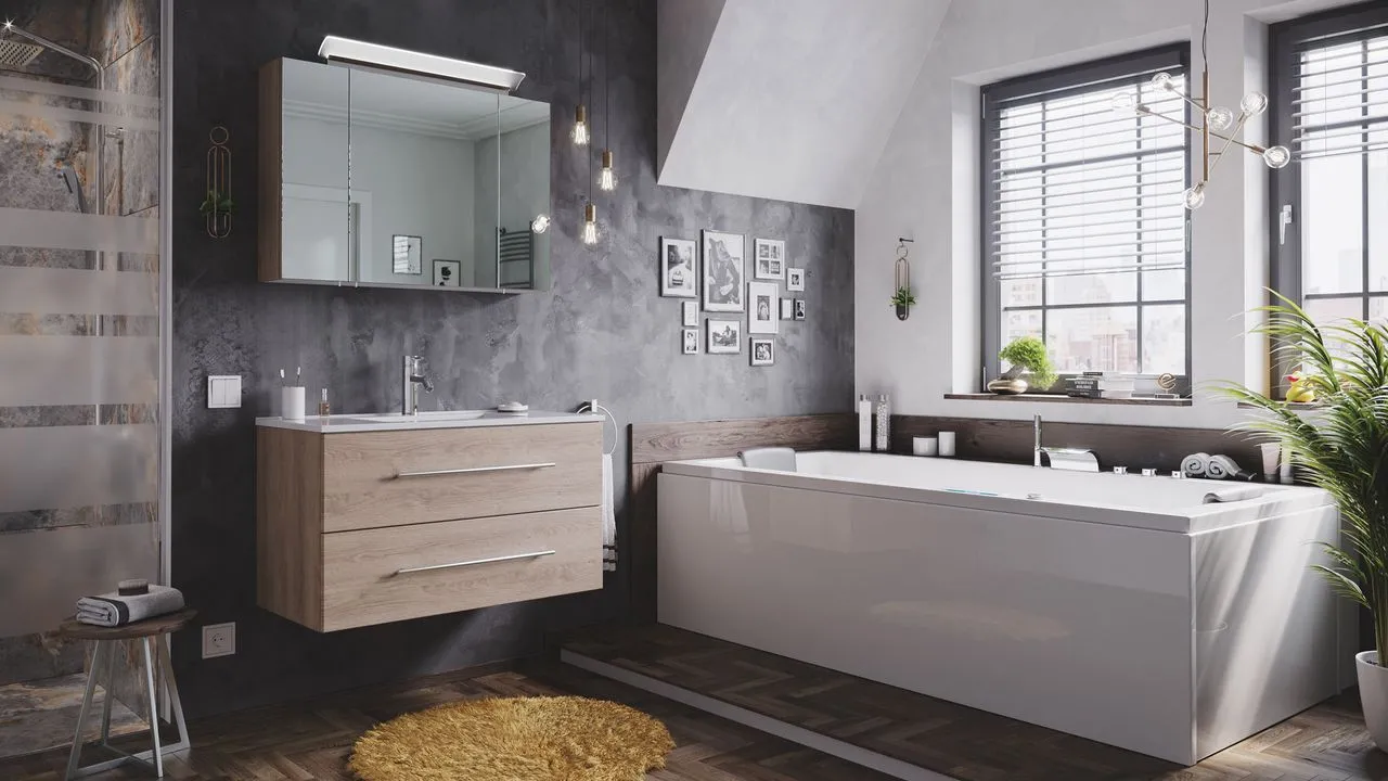 Badmöbel-Set Homeline 90 (2-teilig) eiche hell inkl. Spiegelschrank mit Design LED-Lampe EEK: F