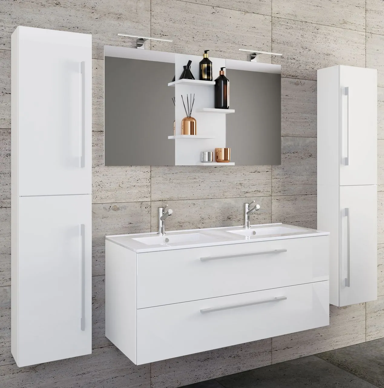 5-tlg. Waschplatz Budasi Spiegel mit 2 Hochschränken Weiß