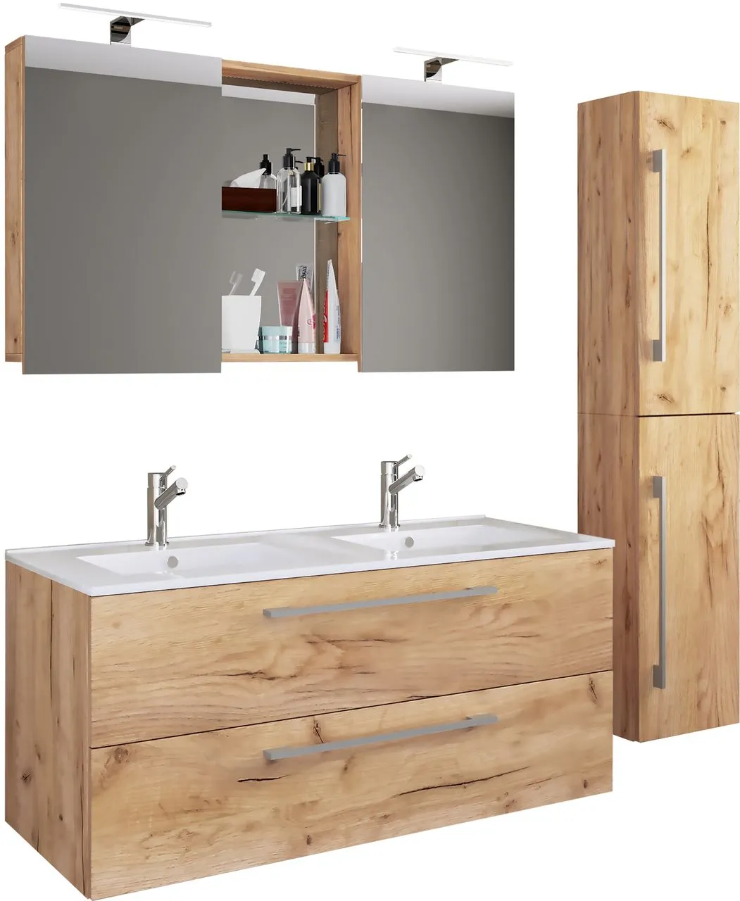 4-tlg. Waschplatz Budasi Spiegelschrank mit Hochschrank Honig-Eiche