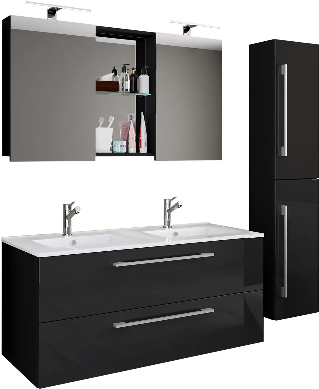 4-tlg. Waschplatz Budasi Spiegelschrank mit Hochschrank Schwarz