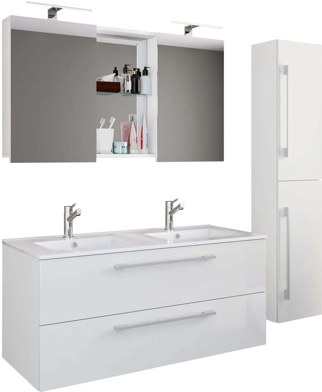 4-tlg. Waschplatz Budasi Spiegelschrank mit Hochschrank Weiß
