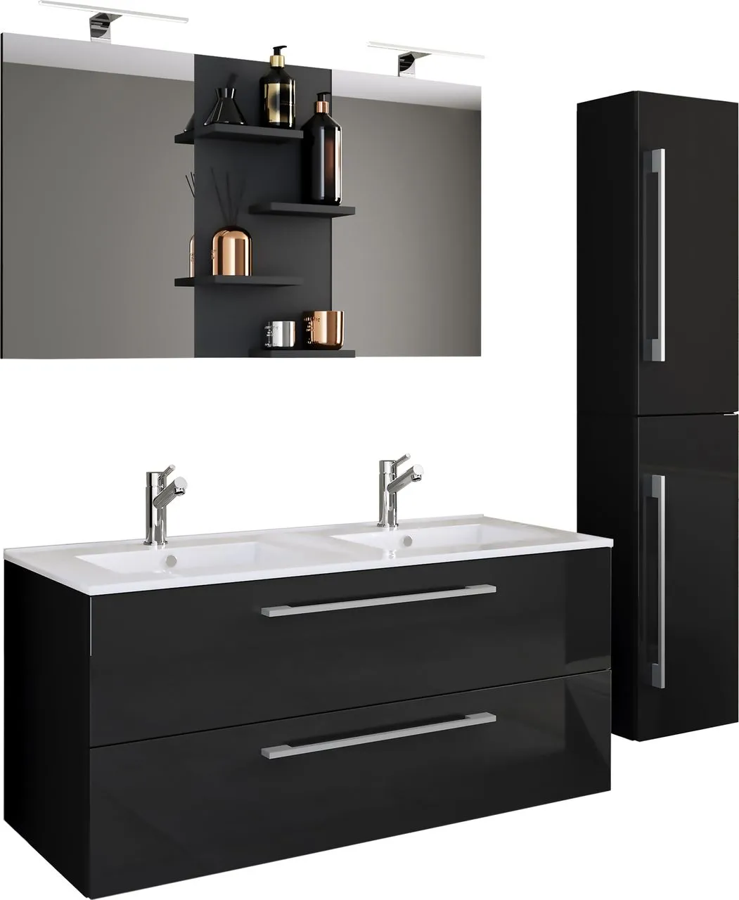4-tlg. Waschplatz Budasi Spiegel mit Hochschrank Schwarz