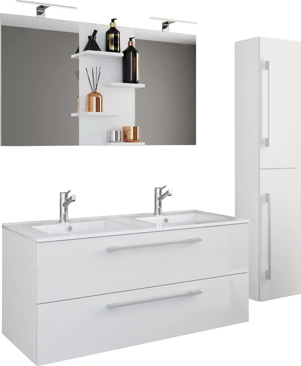 4-tlg. Waschplatz Budasi Spiegel mit Hochschrank Weiß