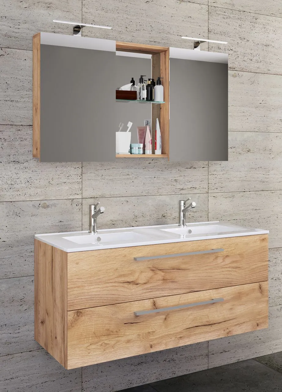 3-tlg. Waschplatz Budasi Spiegelschrank Honig-Eiche