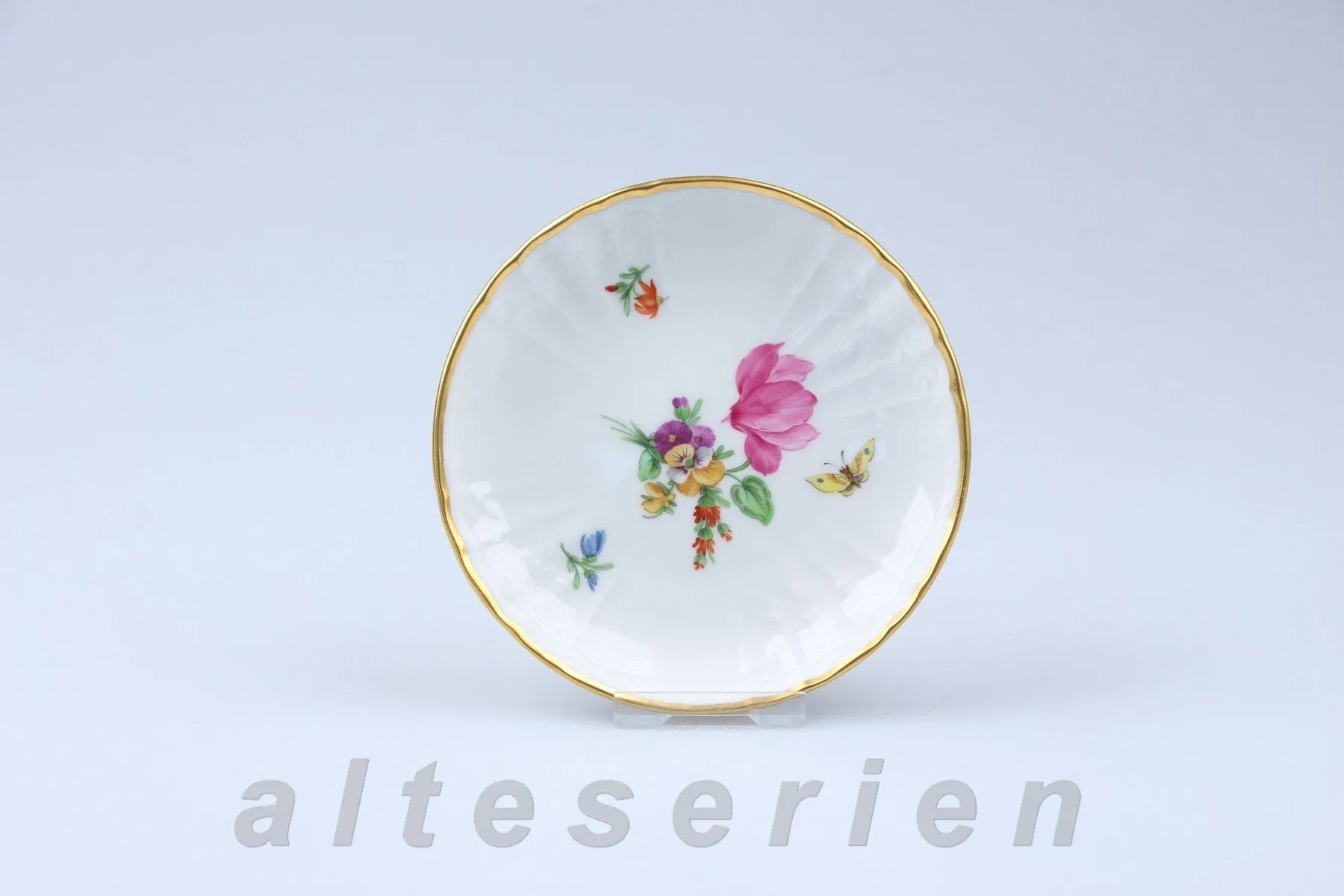 Miniteller / Minischälchen - KPM Berlin Rocaille I.Wahl Bunte Blume mit Goldrand Dekor 36