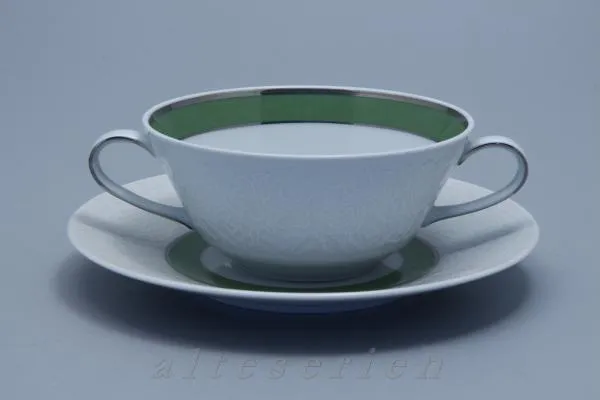 Suppentasse mit Untere - Hutschenreuther Petra Relief Grün mit Platinrand