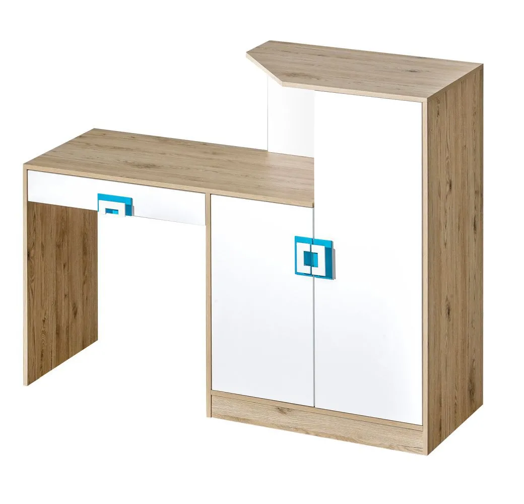 Kinderzimmer - Schreibtisch Fabian 11, Farbe: Eiche Hellbraun / Weiß / Blau - 120 x 150 x 50 cm (H x B x T)