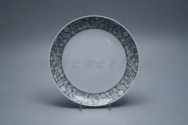 Kuchenteller - Krautheim Brüssel Dekor 2354 graue Bordüre mit weißen Blüten