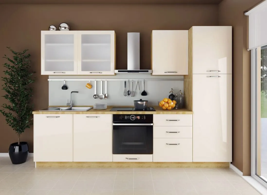 Küchenzeile / Küchenblock Fagali 22, 8-teilig, Farbe: Eiche Braun / Creme Hochglanz