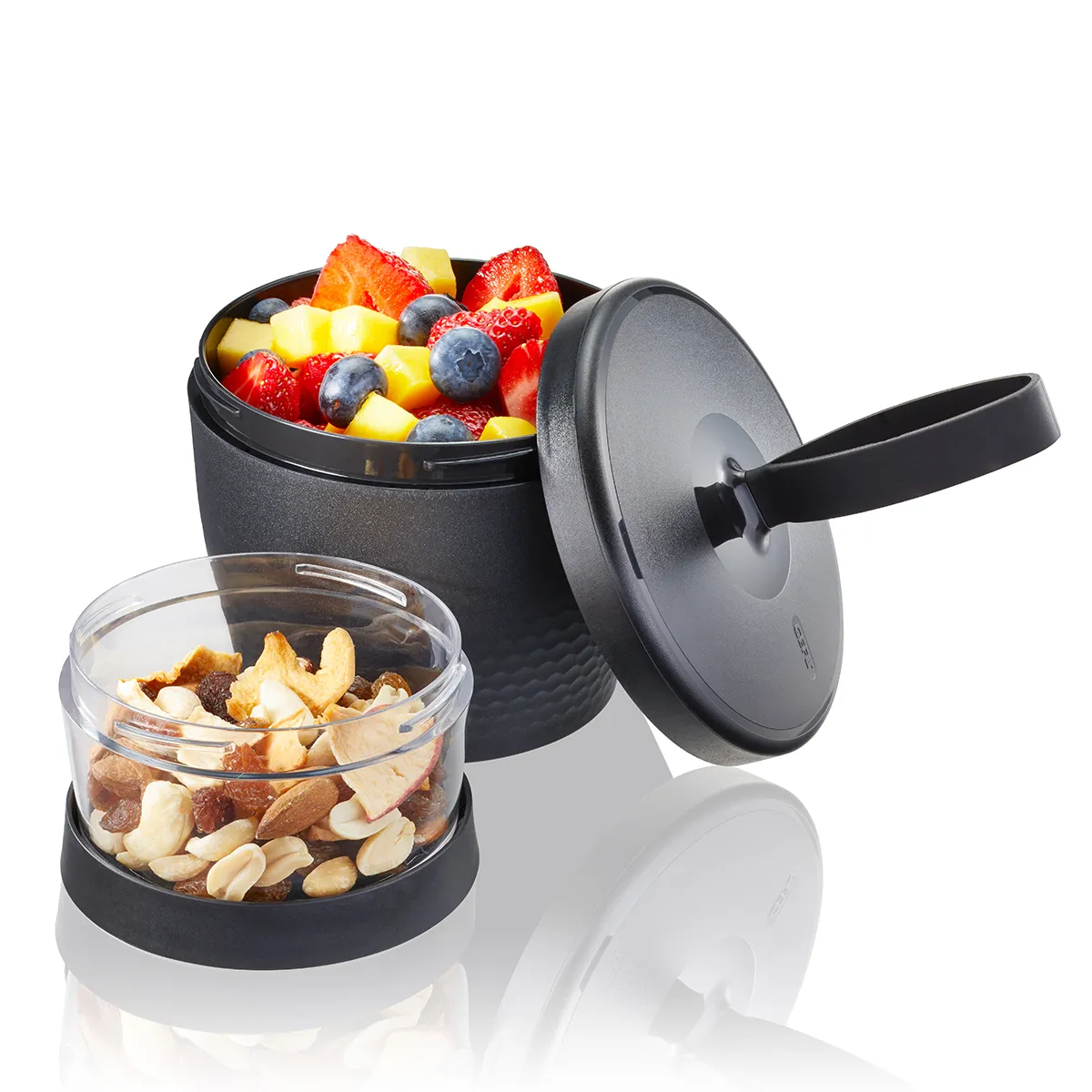 Snack Box FOODIE, 570 ml und 185 ml schwarz gr Behälter inkl. Tropfgitter für gewaschenes Obst