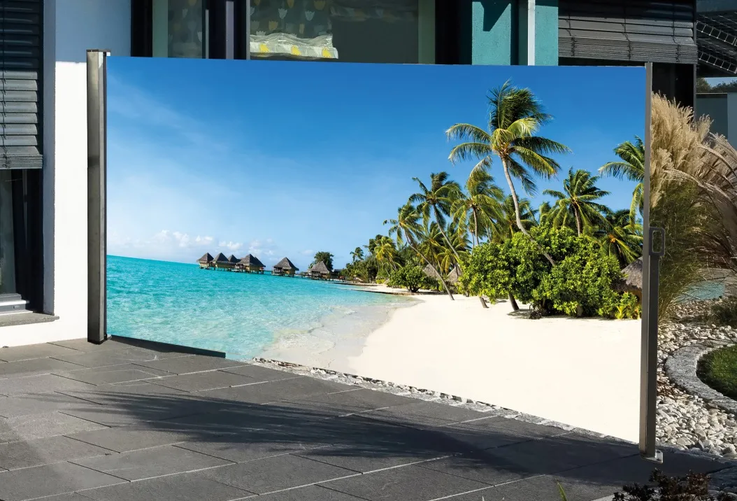 Seitenmarkise mit Fotodruck Südsee 1,6x3m, links - Auszug rechts