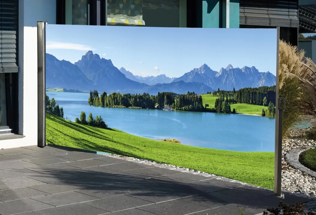 Seitenmarkise mit Fotodruck Berge 1,6x3m, links - Auszug rechts