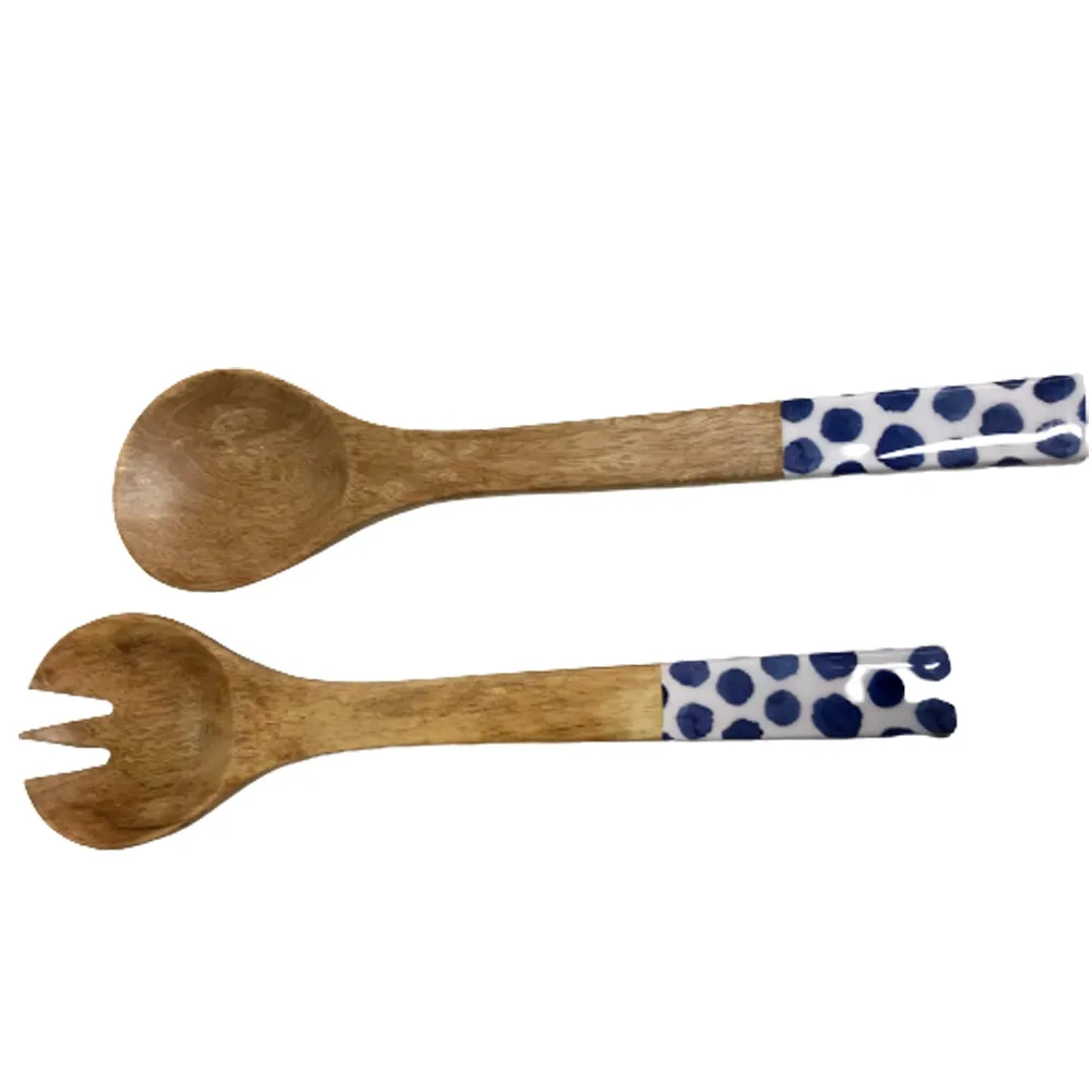 Salad besteck aus Mangoholz mit Blue Dot Enamel Mangoholz