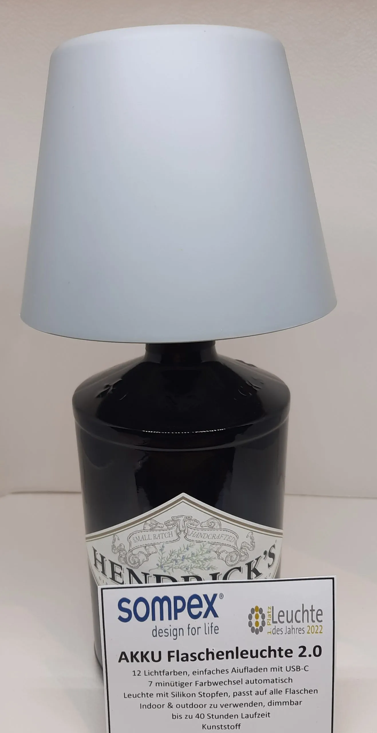 TOP 2.0 - RGBW-Akku-Flaschenleuchte, grau Kunststoff, akkubetrieben, dimmbar, 12 Lichtfarben