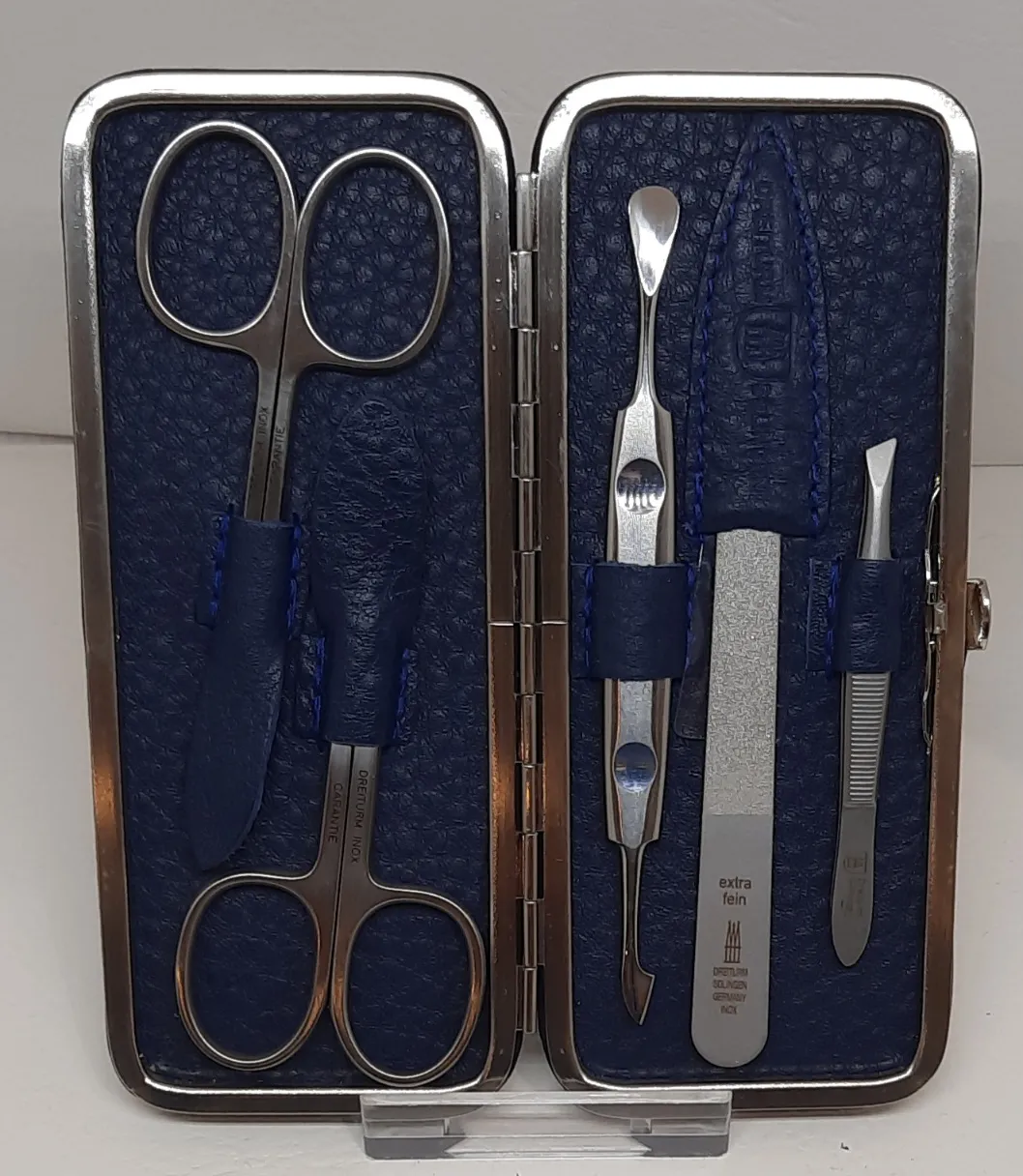 Manikür Rahmenetui blau Leder 2Scheren,Pinzette,Feile,Doppelinstrumenl rostfrei