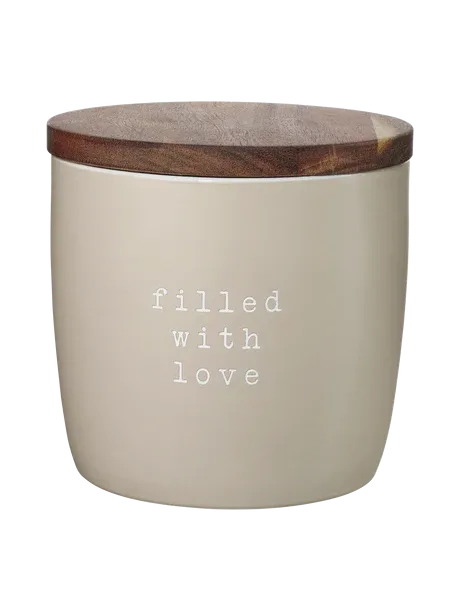 Keks Dose FILLED WITH LOVE 14,5 cm hoch Vorratsdose aus Keramik beige m. Akazienholzdeckel