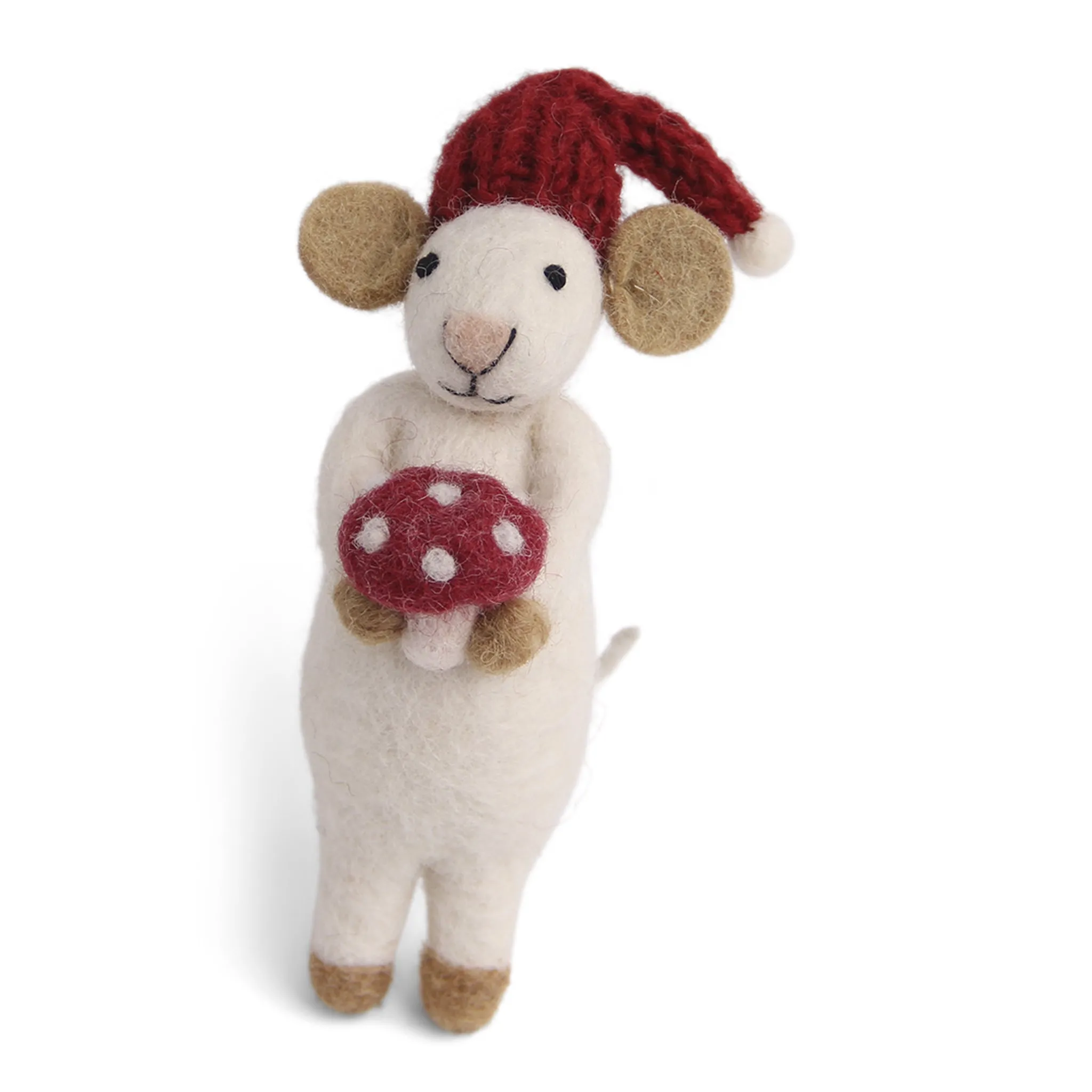 Maus weiß mit Fliegenpilz Filz, 13cm