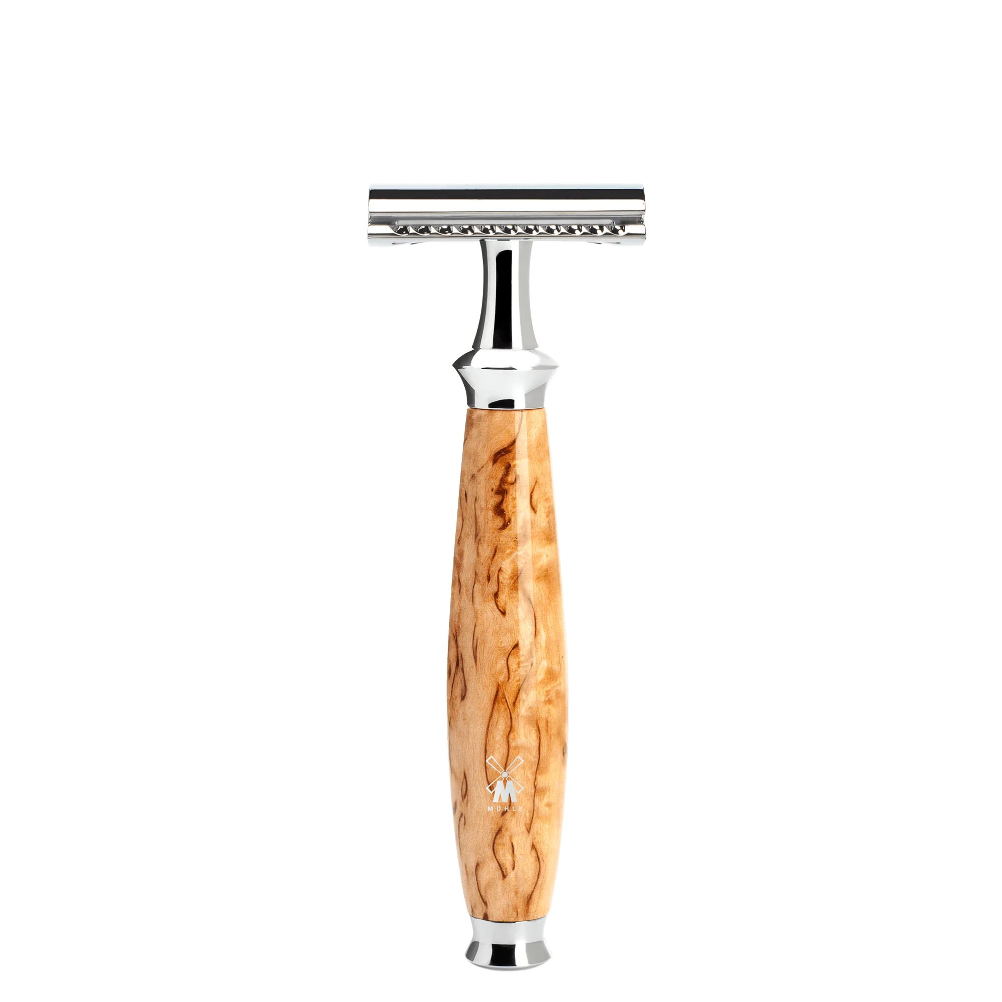 PURIST Rasierer Hobel geschl. Kamm Griff aus Maserbirke / Metall verchromt