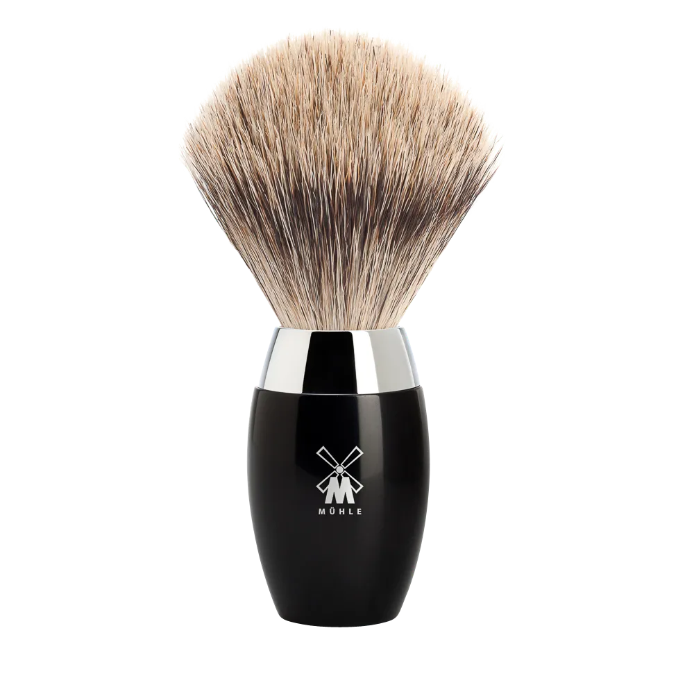 Rasierpinsel feines Dachshaar Griff aus Edelharz Metall, schwarz verchromt