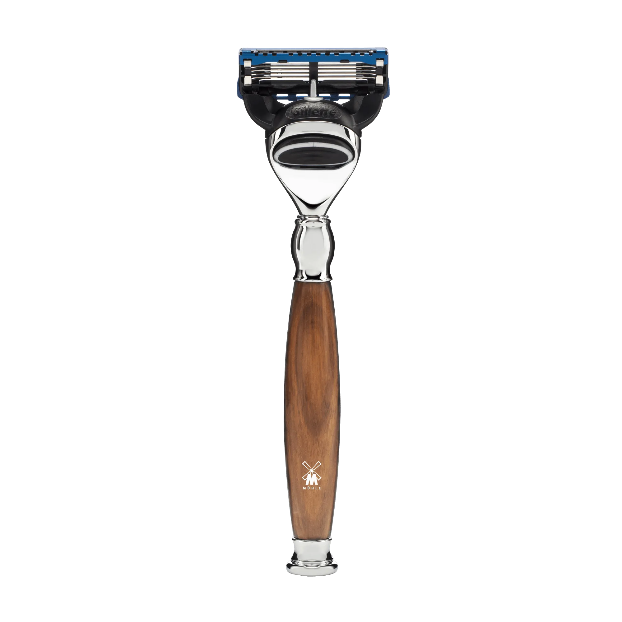 5 Klingen Rasierer, kompatibel mit Gillette Fusion Griff aus Eisenholz/Metall verchromt