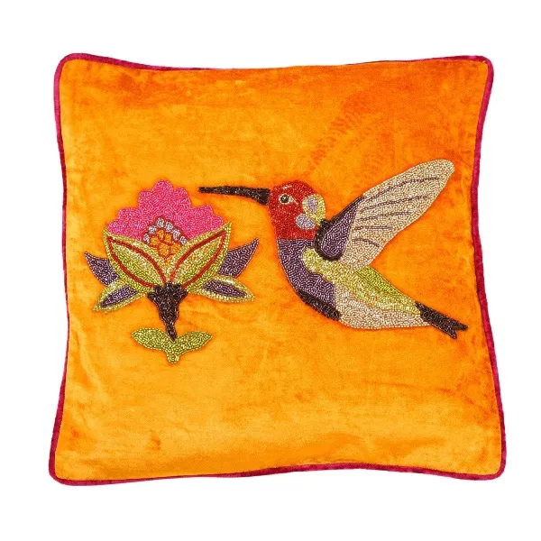 Kissen Kolibrie orange 45x45 cm handbestickte Perlenverzierung