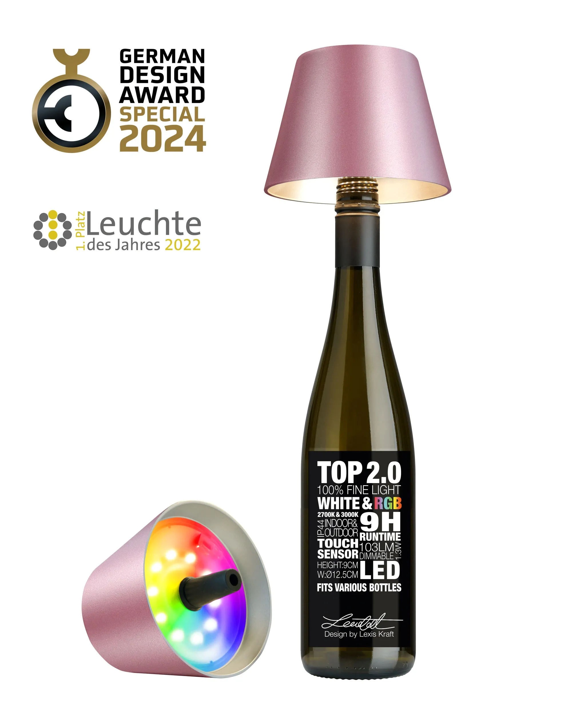 TOP 2.0 - pink metallic, Akku-Flaschenleuchte Kunststoff, dimmbar, RGBW, 14 Lichtfarben