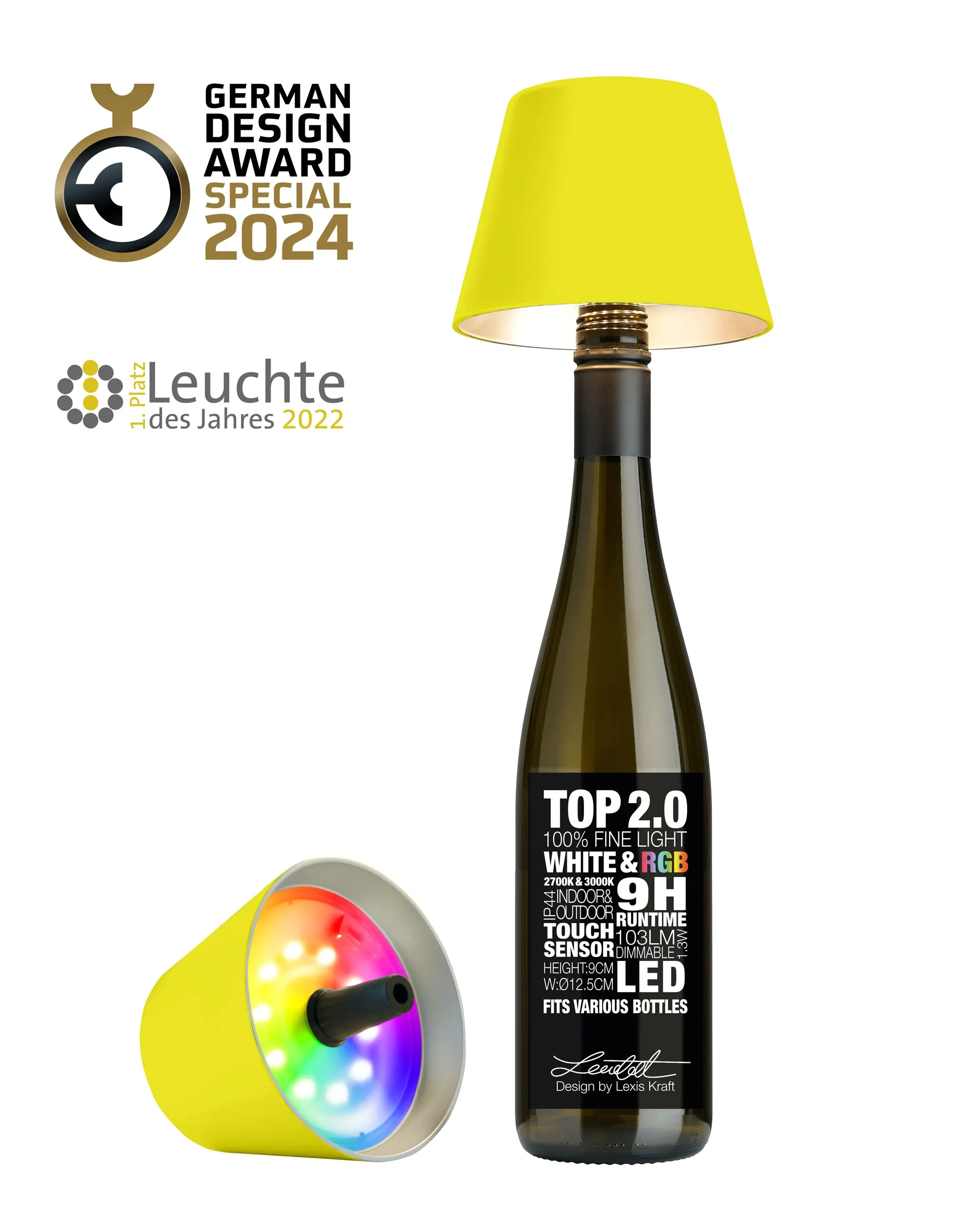 TOP 2.0 - neon gelb, Akku-Flaschenleuchte Kunststoff, dimmbar, RGBW, 14 Lichtfarben