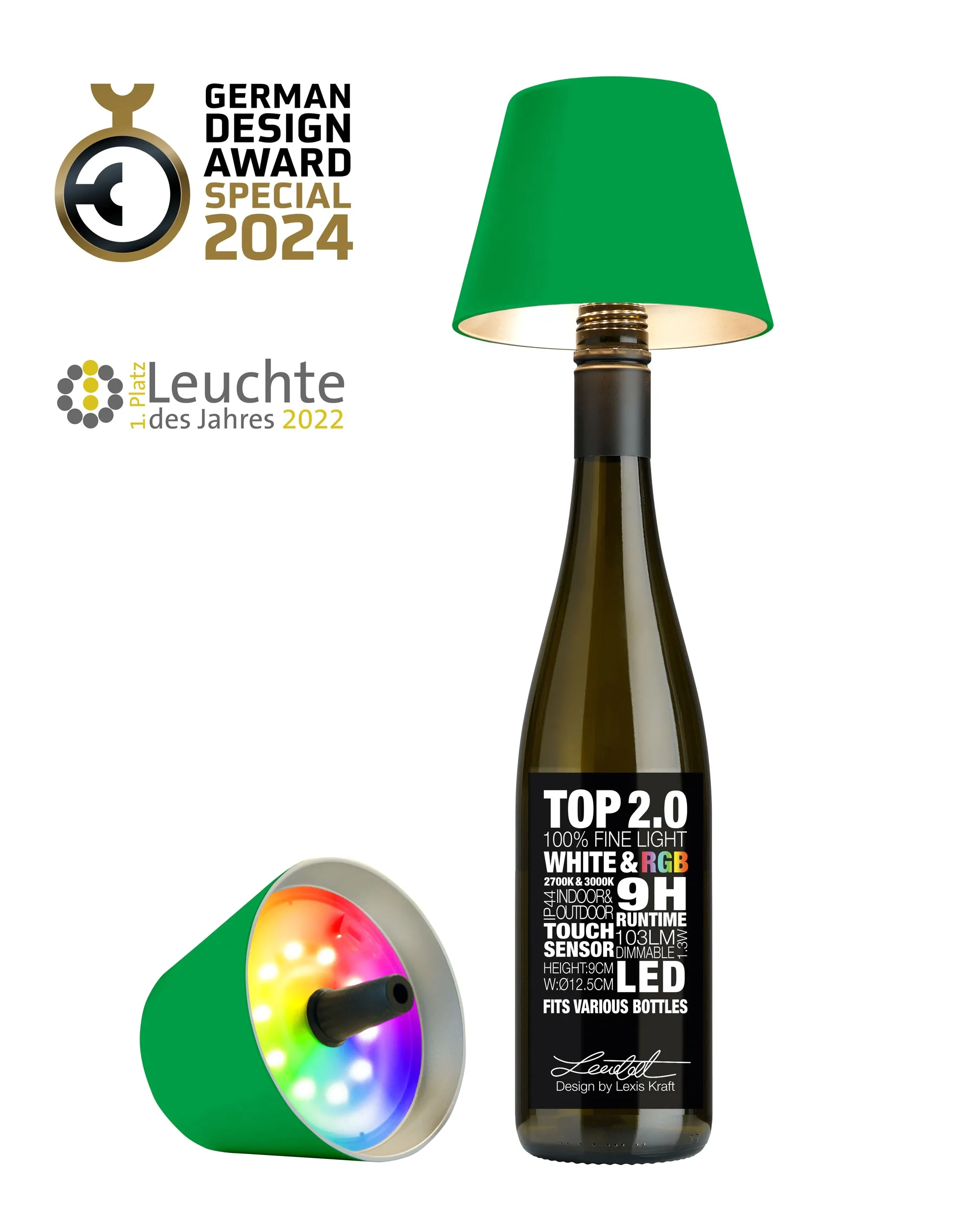 TOP 2.0 - neon grün, Akku-Flaschenleuchte Kunststoff, dimmbar, RGBW, 14 Lichtfarben