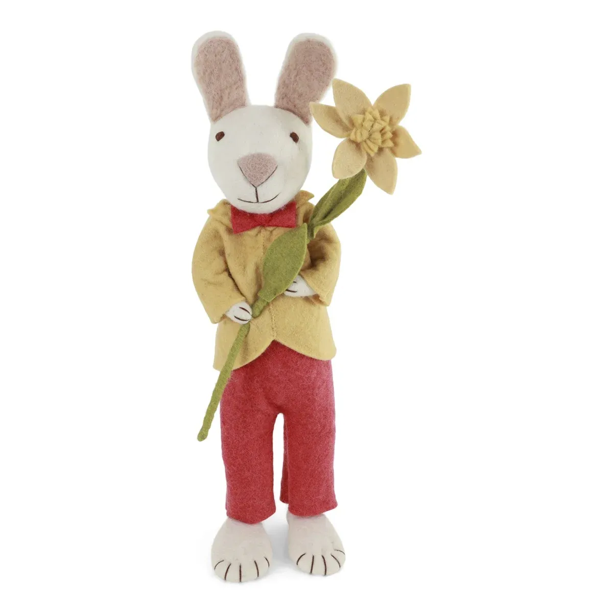 Weißer Hase groß mit gelber Jacke /roter Hose und einer Blume ca. 60cm