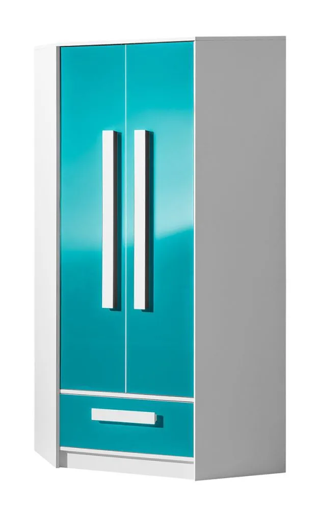 Kinderzimmer - Drehtürenschrank / Eckkleiderschrank Walter 02, Farbe: Weiß / Blau Hochglanz - 191 x 87 x 87 cm (H x B x T)