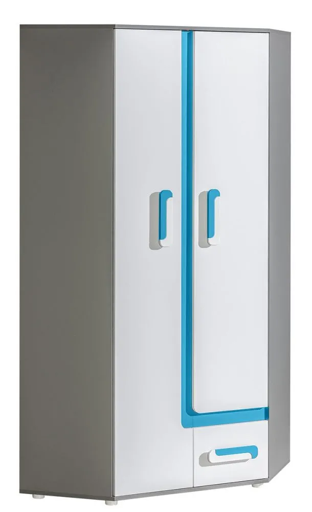 Jugendzimmer - Drehtürenschrank / Kleiderschrank Oskar 02, Farbe: Anthrazit / Weiß / Blau - 192 x 90 x 90 cm (H x B x T)