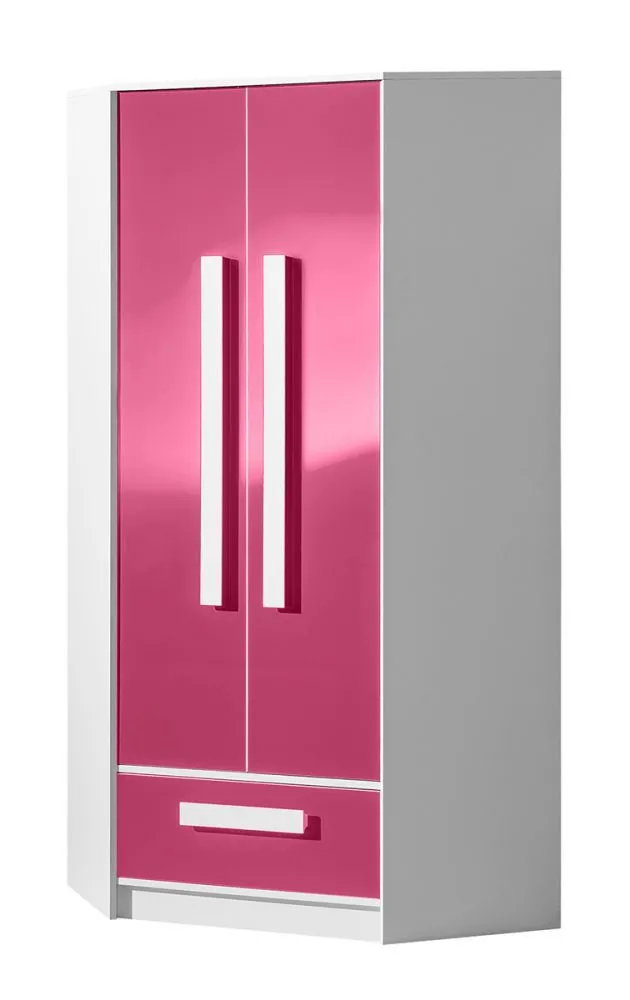 Kinderzimmer - Drehtürenschrank / Eckkleiderschrank Walter 02, Farbe: Weiß / Rosa Hochglanz - 191 x 87 x 87 cm (H x B x T)