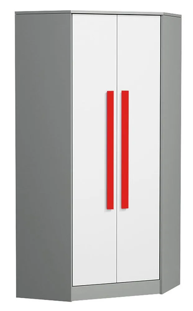 Jugendzimmer - Drehtürenschrank / Eckkleiderschrank Olaf 02, Farbe: Anthrazit / Weiß / Rot, teilmassiv - 191 x 87 x 87 cm (H x B x T)
