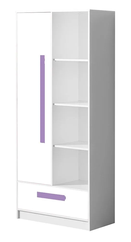 Kinderzimmer - Drehtürenschrank / Kleiderschrank Walter 03, Farbe: Weiß Hochglanz / Lila - 191 x 80 x 40 cm (H x B x T)