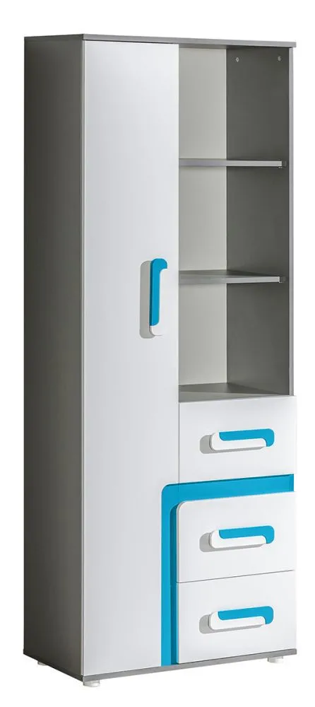 Jugendzimmer - Schrank Oskar 04, Farbe: Anthrazit / Weiß / Blau - 192 x 75 x 40 cm (H x B x T)