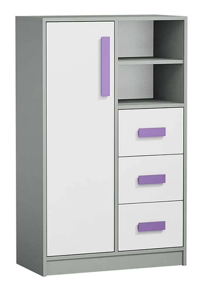 Kommode / Highboard für Jugendzimmer mit 3 Schubladen Olaf 05, Farbe: Anthrazit / Weiß / Lila, teilmassiv, 132 x 80 x 40 cm, 1 Drehtür, viel Stauraum