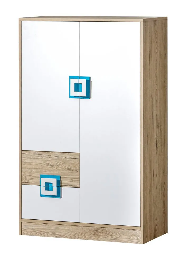 Kinderzimmer - Kommode Fabian 07, Farbe: Eiche Hellbraun / Weiß / Blau - 130 x 80 x 40 cm (H x B x T)