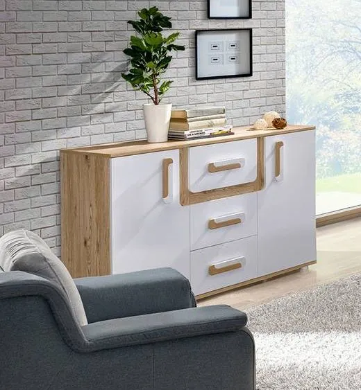 Jugendzimmer - Kommode Oskar 07, Farbe: Eiche Hellbraun / Weiß - 84 x 128 x 40 cm (H x B x T)